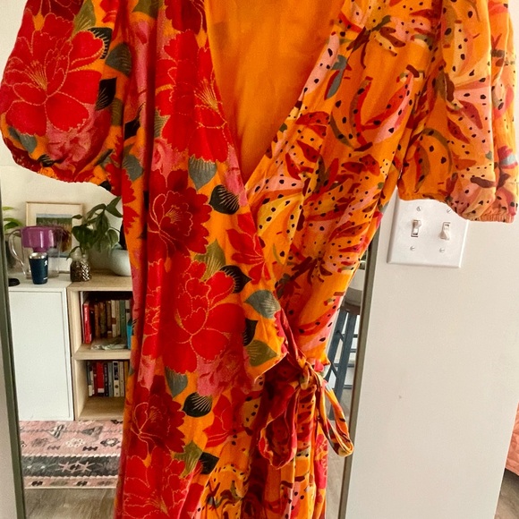 FARM RIO GORGEOUS MARBELLA COTTON WRAP MINI DRESS ORANGE/YELLOW MINT COND SZ M - Picture 5 of 8